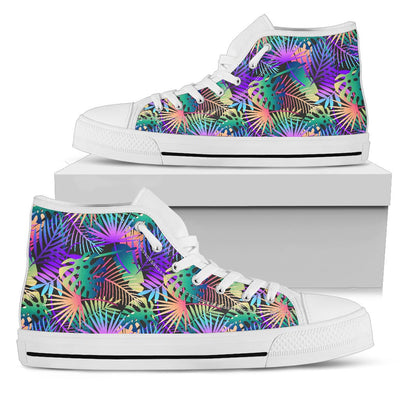 Neon Flower Tropical Palm Leaves Women High Top Canvas Shoes