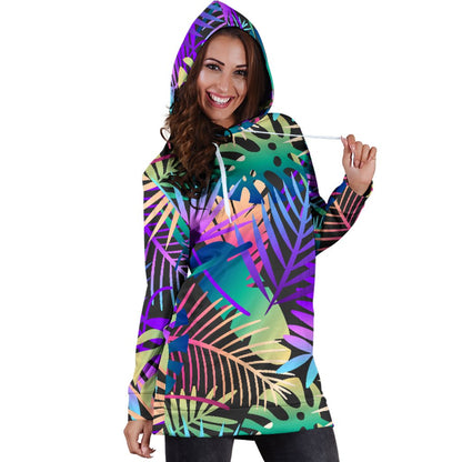 Neon Flower Tropical Palm Leaves Women Hoodie Dress