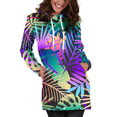 Neon Flower Tropical Palm Leaves Women Hoodie Dress