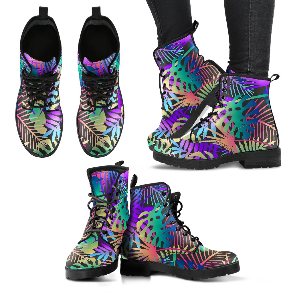 Neon Flower Tropical Palm Leaves Women Leather Boots