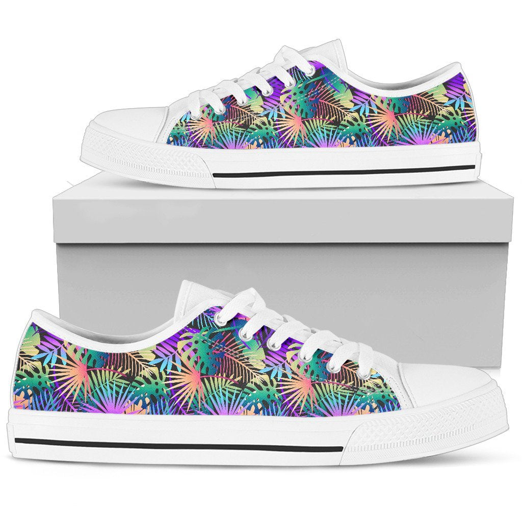 Neon Flower Tropical Palm Leaves Women Low Top Canvas Shoes