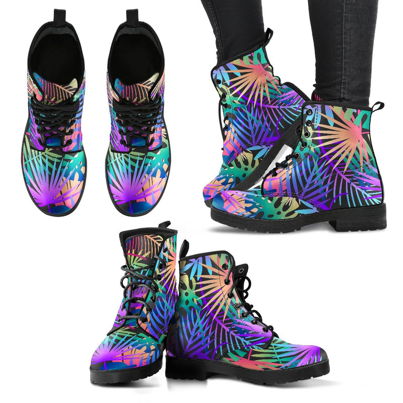 Neon Flower Tropical Palm Leaves Women & Men Leather Boots