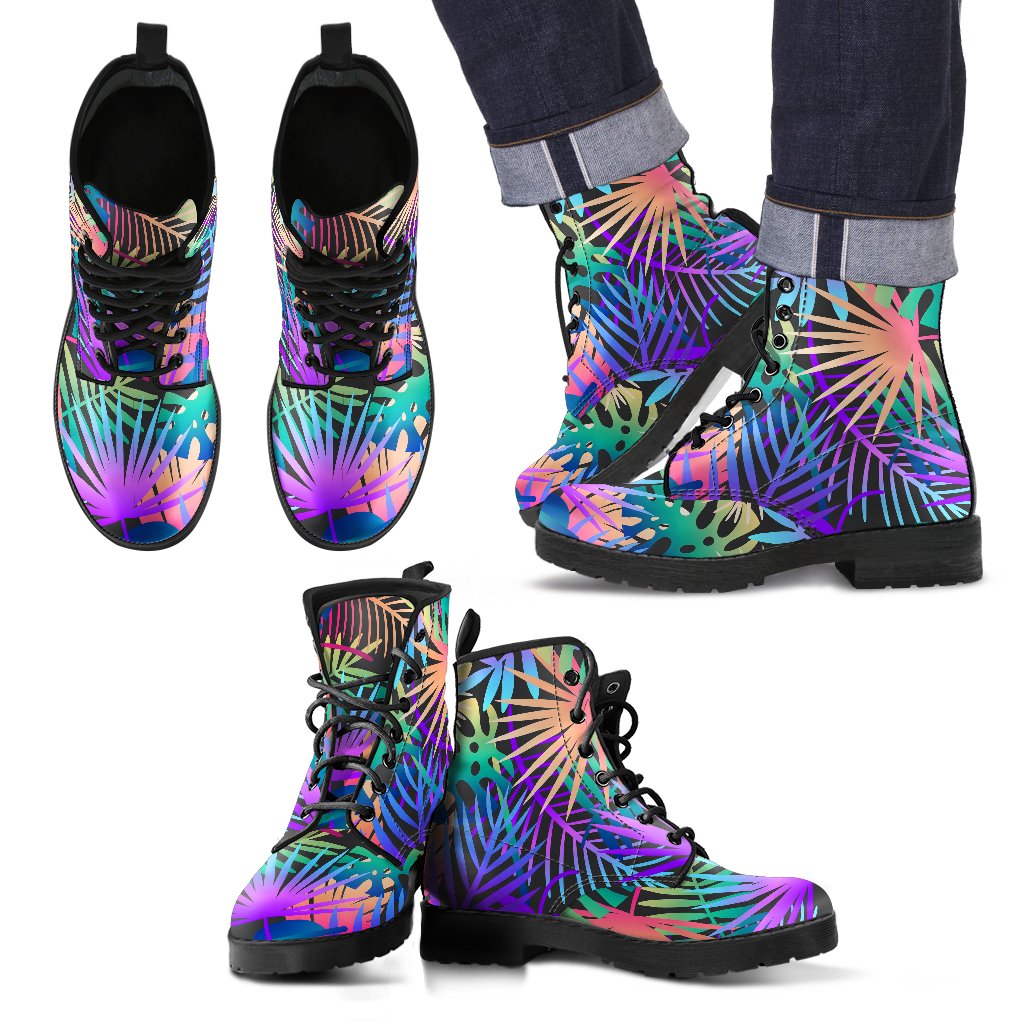 Neon Flower Tropical Palm Leaves Women & Men Leather Boots