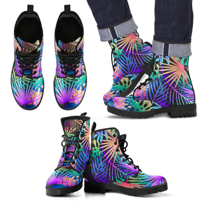 Neon Flower Tropical Palm Leaves Women & Men Leather Boots