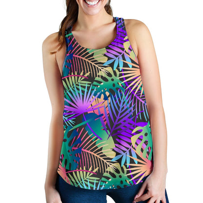 Neon Flower Tropical Palm Leaves Women Racerback Tank Top