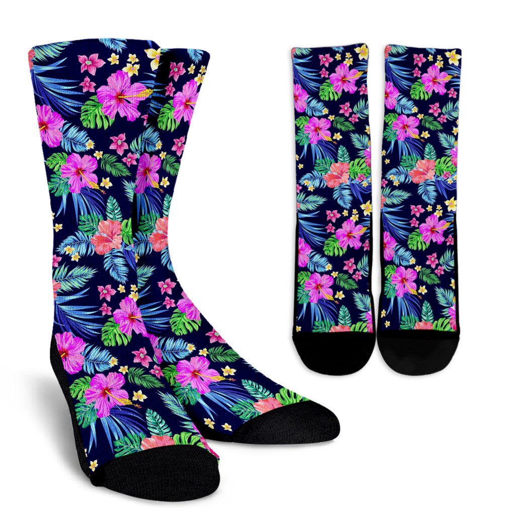 Neon Hibiscus Pattern Print Design HB016 Crew Socks-JORJUNE.COM