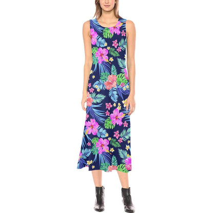 Neon Hibiscus Pattern Print Design HB016 Sleeveless Open Fork Long Dress