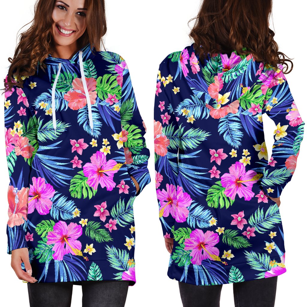 Neon Hibiscus Pattern Print Design HB016 Women Hoodie Dress