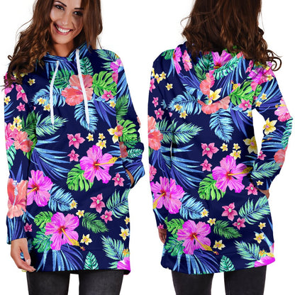 Neon Hibiscus Pattern Print Design HB016 Women Hoodie Dress