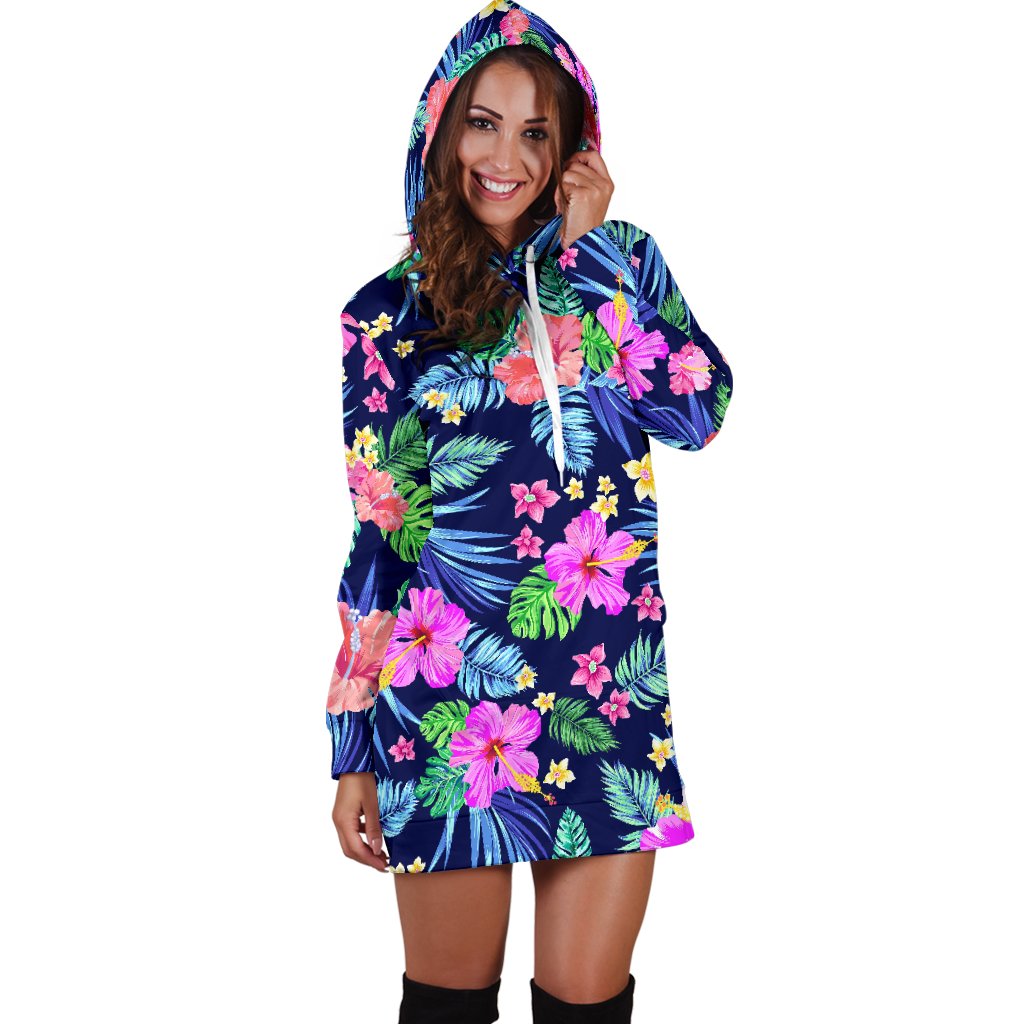 Neon Hibiscus Pattern Print Design HB016 Women Hoodie Dress