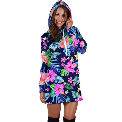Neon Hibiscus Pattern Print Design HB016 Women Hoodie Dress