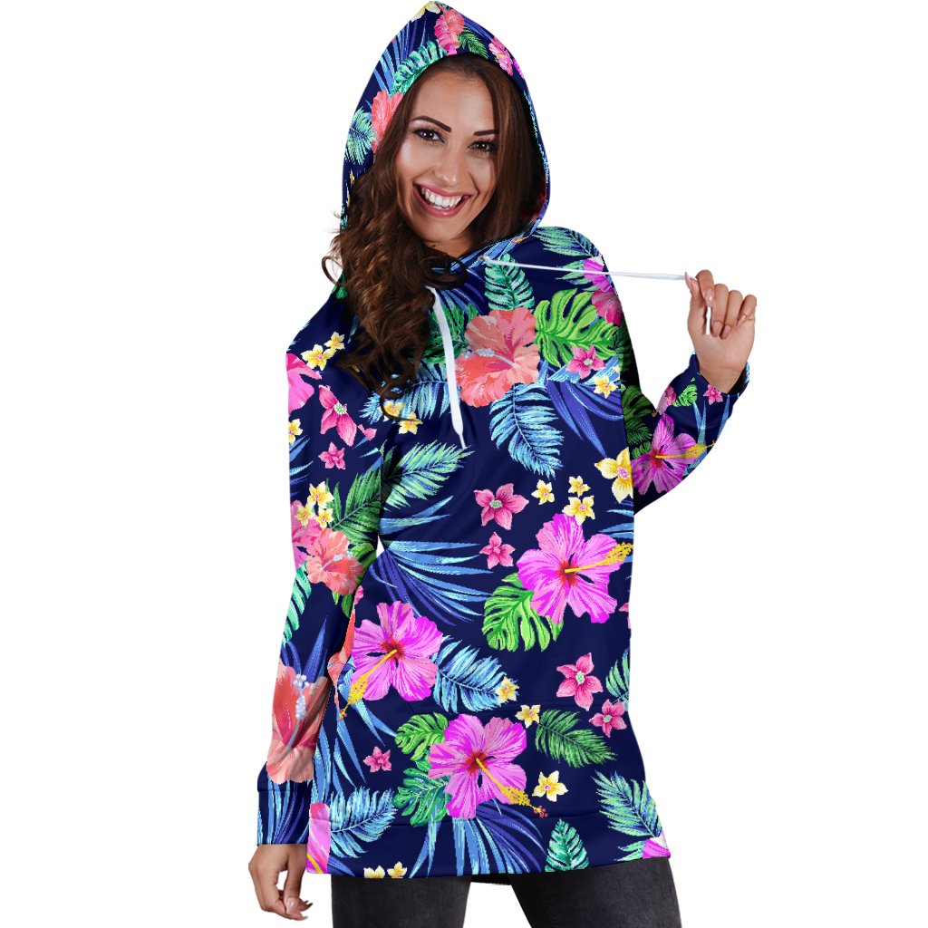 Neon Hibiscus Pattern Print Design HB016 Women Hoodie Dress