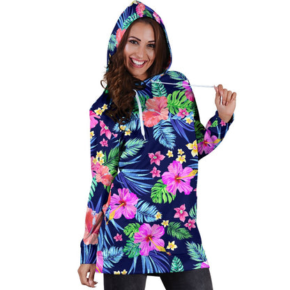 Neon Hibiscus Pattern Print Design HB016 Women Hoodie Dress