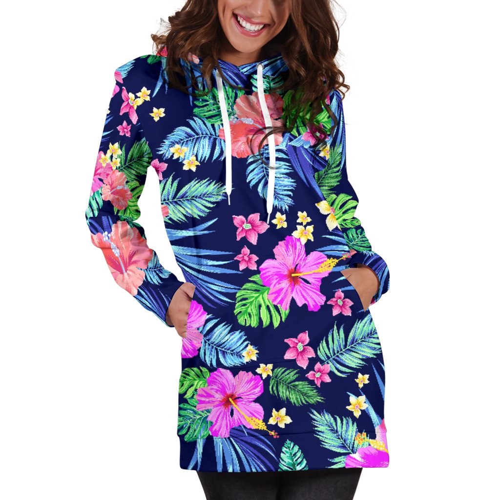 Neon Hibiscus Pattern Print Design HB016 Women Hoodie Dress
