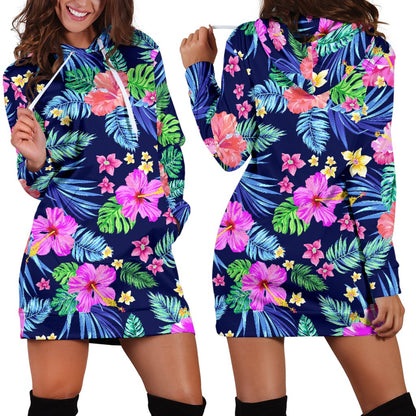 Neon Hibiscus Pattern Print Design HB016 Women Hoodie Dress