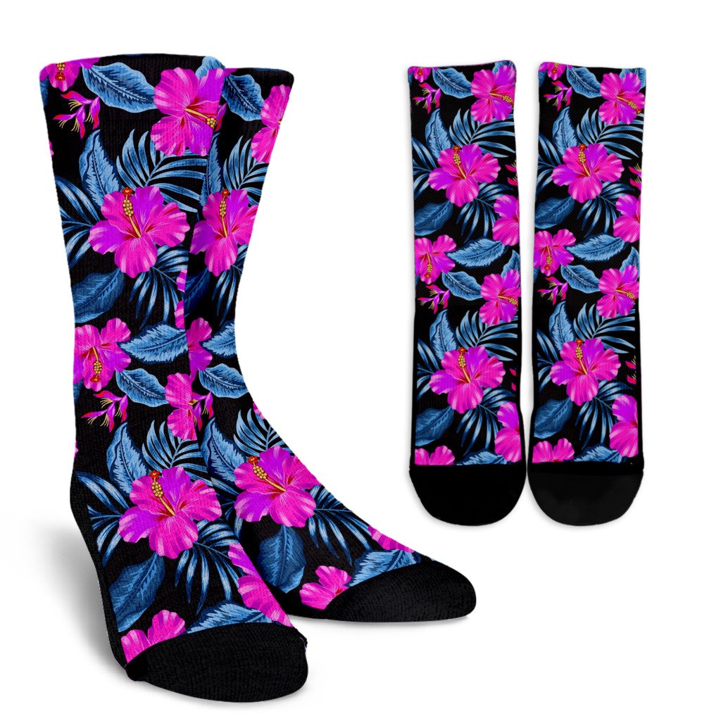 Neon Pink Hibiscus Pattern Print Design HB015 Crew Socks-JORJUNE.COM