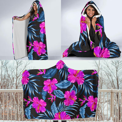 Neon Pink Hibiscus Pattern Print Design HB015 Hooded Blanket-JORJUNE.COM