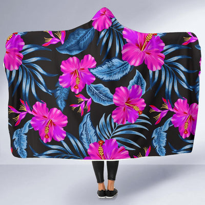 Neon Pink Hibiscus Pattern Print Design HB015 Hooded Blanket-JORJUNE.COM