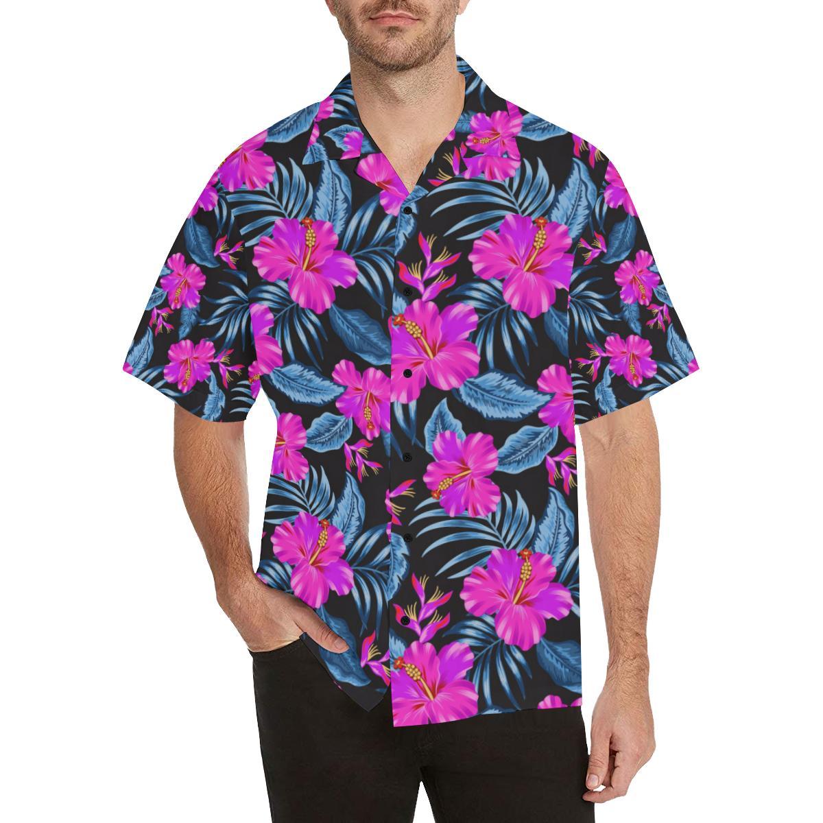 Neon Pink Hibiscus Pattern Print Design HB015 Men's Hawaiian Shirt - JorJune