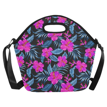 Neon Pink Hibiscus Pattern Print Design HB015 Neoprene Lunch Bag-JorJune