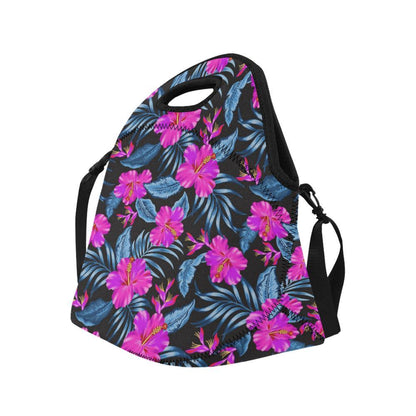 Neon Pink Hibiscus Pattern Print Design HB015 Neoprene Lunch Bag-JorJune