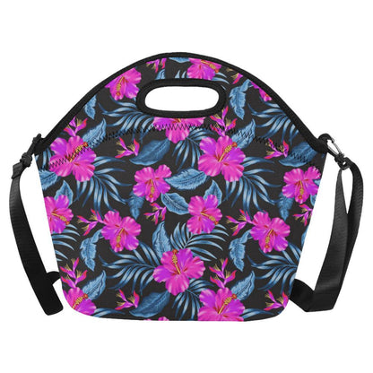 Neon Pink Hibiscus Pattern Print Design HB015 Neoprene Lunch Bag-JorJune