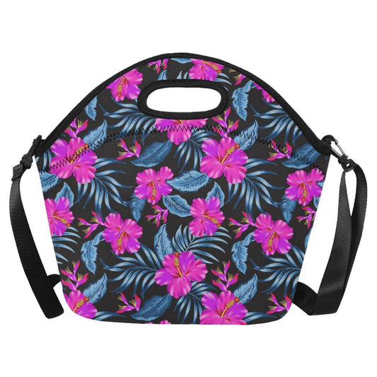 Neon Pink Hibiscus Pattern Print Design HB015 Neoprene Lunch Bag-JorJune