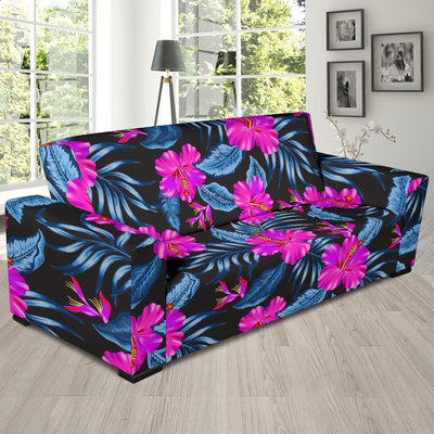 Neon Pink Hibiscus Pattern Print Design HB015 Sofa Slipcover-JORJUNE.COM