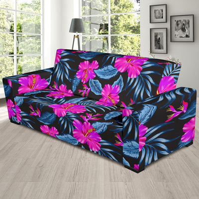 Neon Pink Hibiscus Pattern Print Design HB015 Sofa Slipcover-JORJUNE.COM