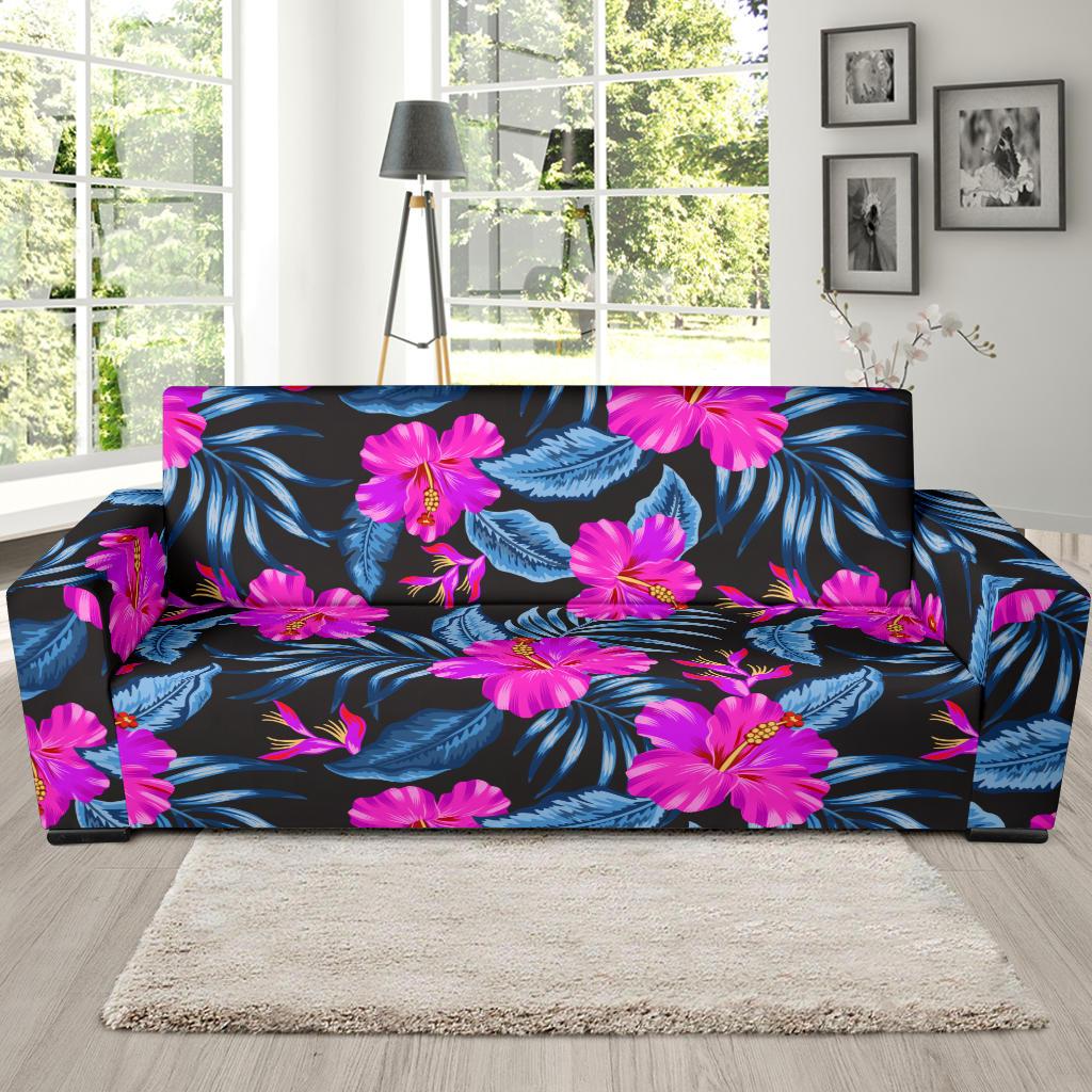 Neon Pink Hibiscus Pattern Print Design HB015 Sofa Slipcover-JORJUNE.COM