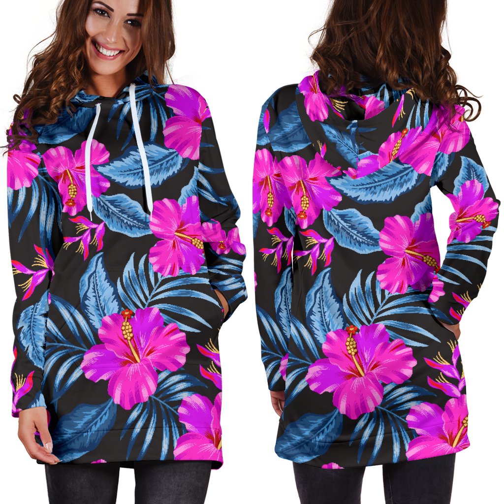 Neon Pink Hibiscus Pattern Print Design HB015 Women Hoodie Dress