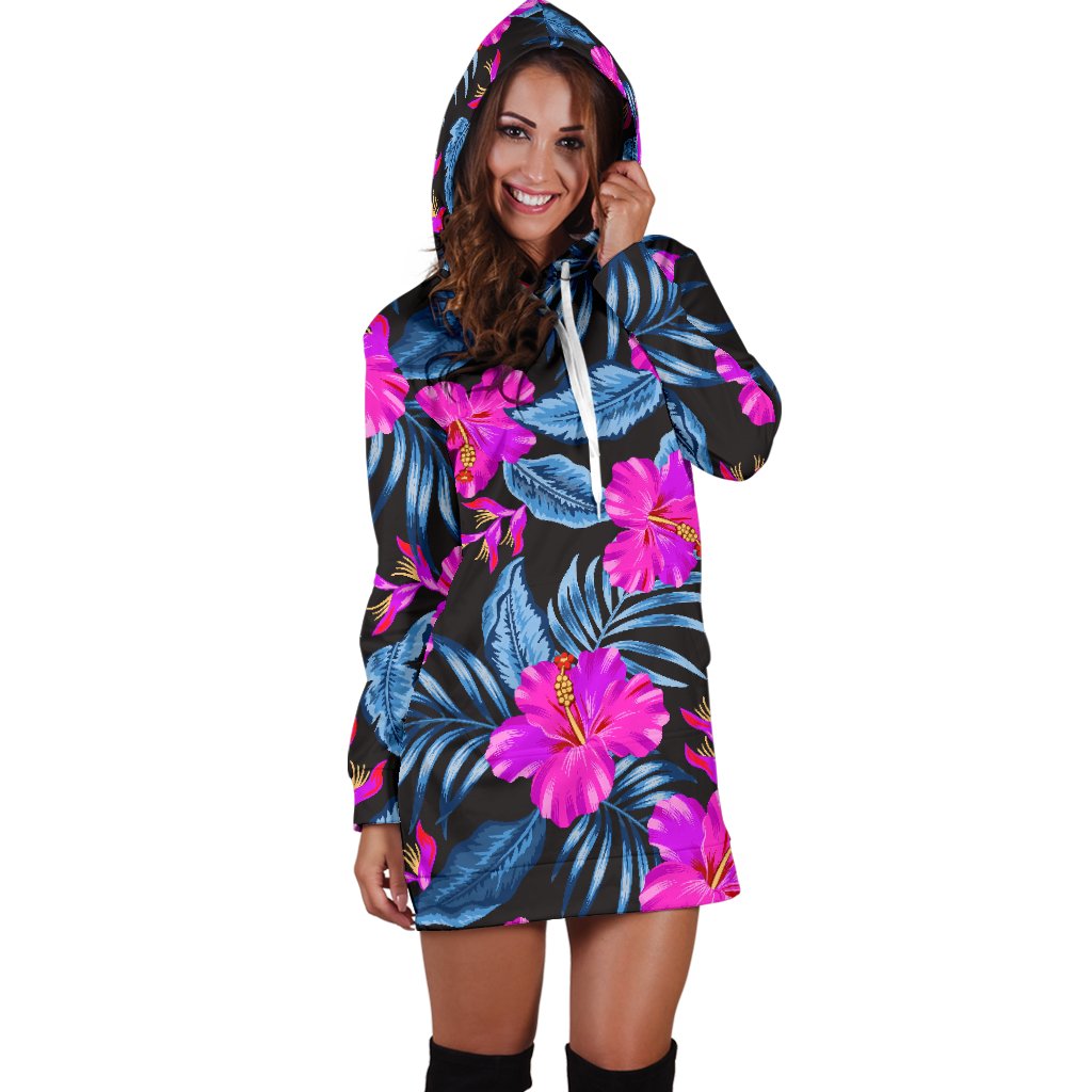 Neon Pink Hibiscus Pattern Print Design HB015 Women Hoodie Dress
