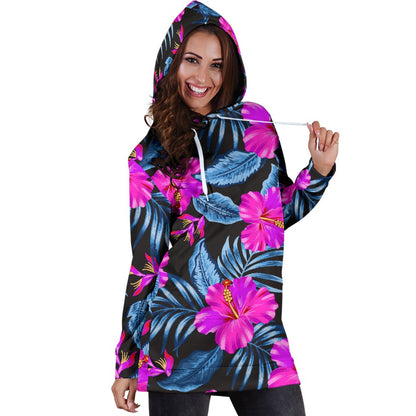 Neon Pink Hibiscus Pattern Print Design HB015 Women Hoodie Dress