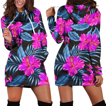 Neon Pink Hibiscus Pattern Print Design HB015 Women Hoodie Dress