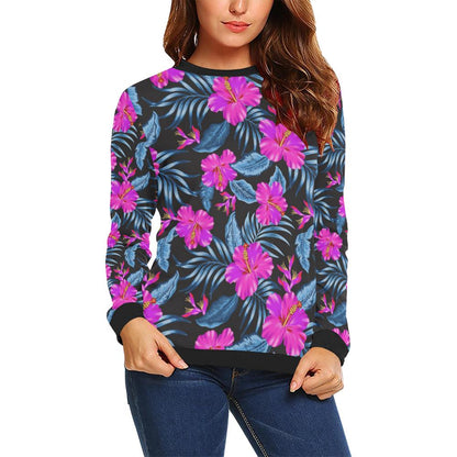 Neon Pink Hibiscus Pattern Print Design HB015 Women Long Sleeve Sweatshirt-JorJune