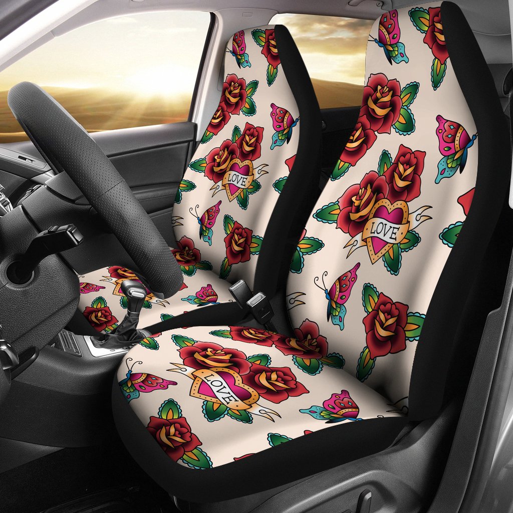 Old School Tattoo Rose Pattern Universal Fit Car Seat Covers