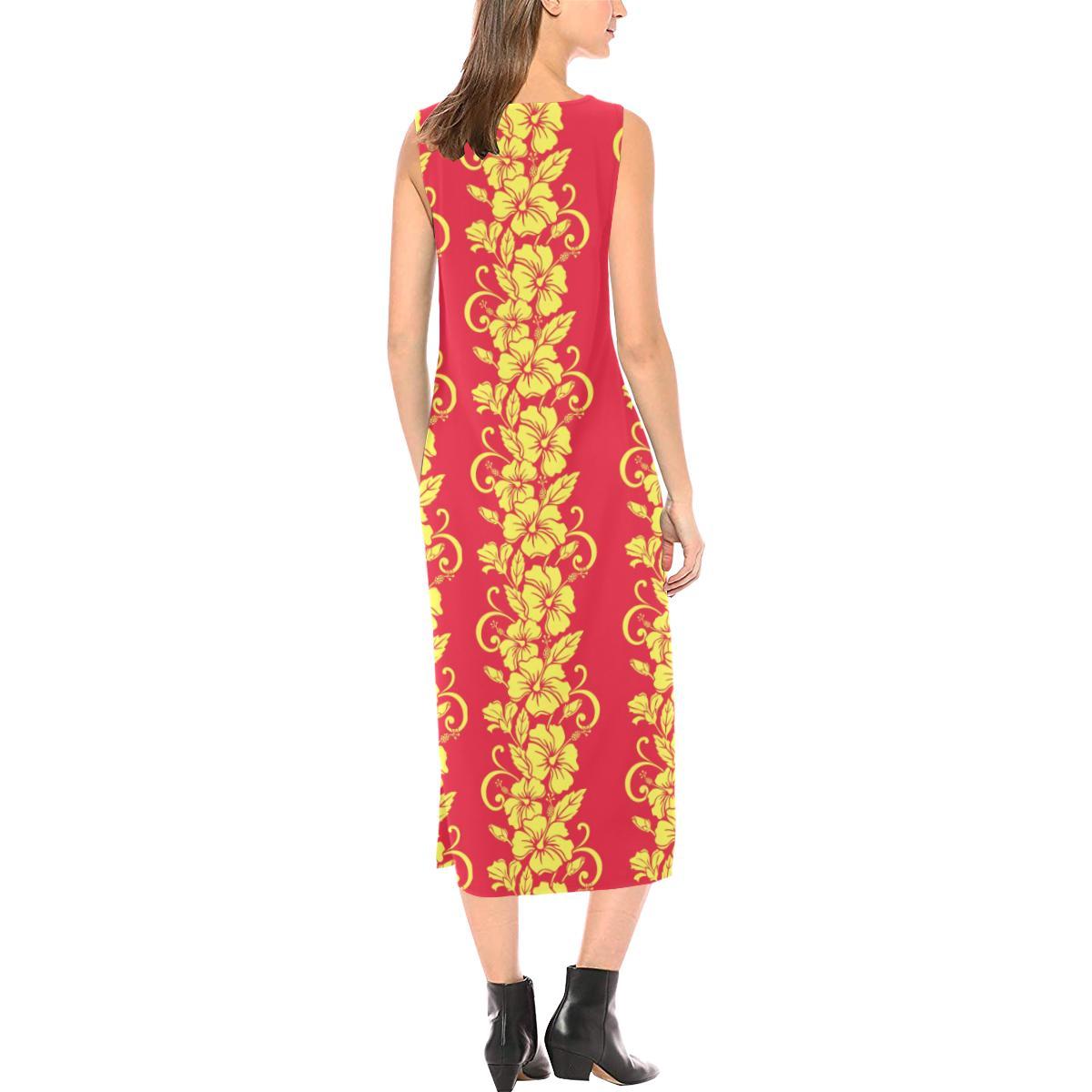 Orange Hibiscus Pattern Print Design HB018 Sleeveless Open Fork Long Dress