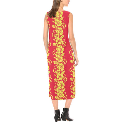 Orange Hibiscus Pattern Print Design HB018 Sleeveless Open Fork Long Dress
