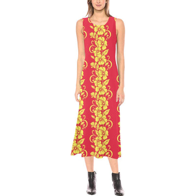 Orange Hibiscus Pattern Print Design HB018 Sleeveless Open Fork Long Dress