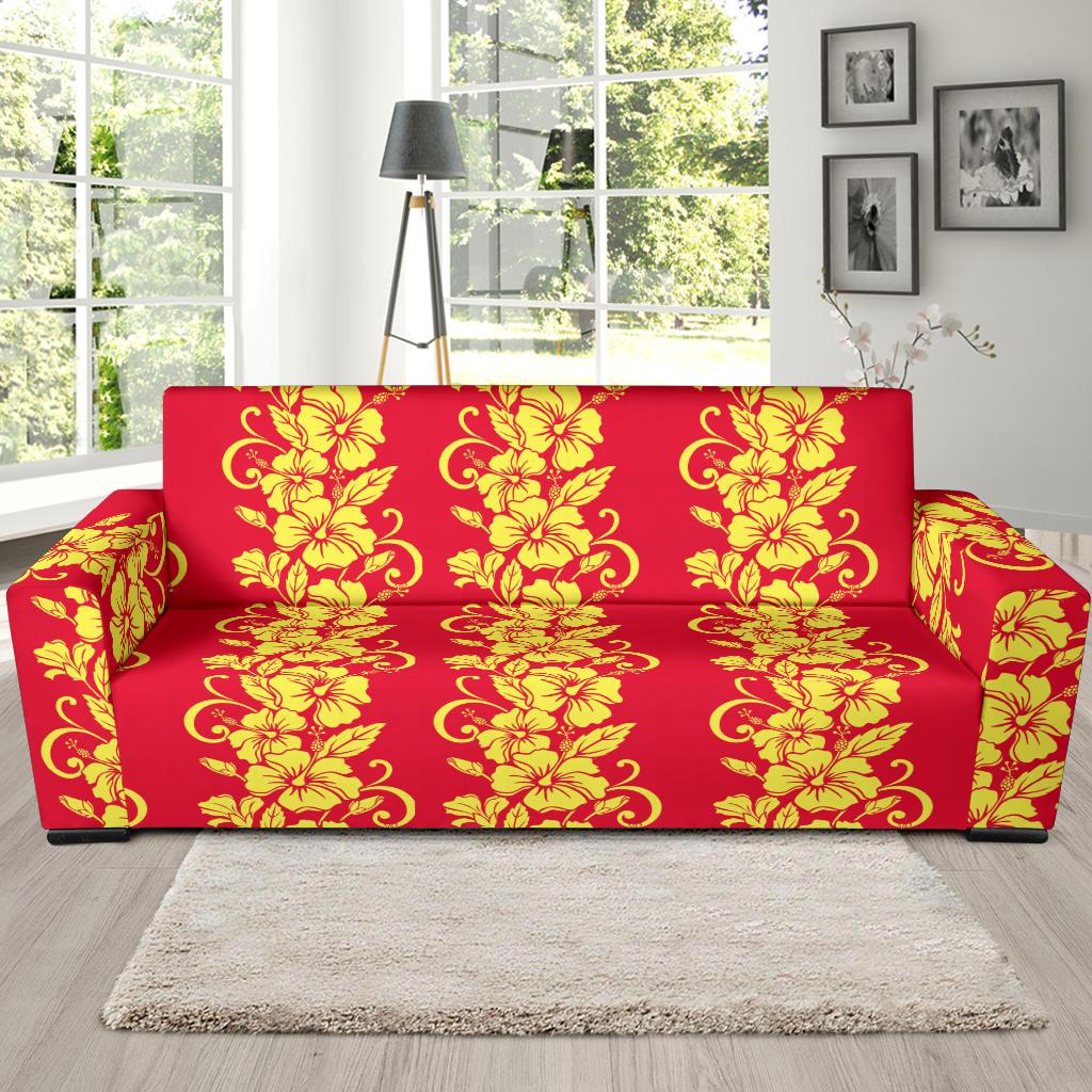 Orange Hibiscus Pattern Print Design HB018 Sofa Slipcover-JORJUNE.COM