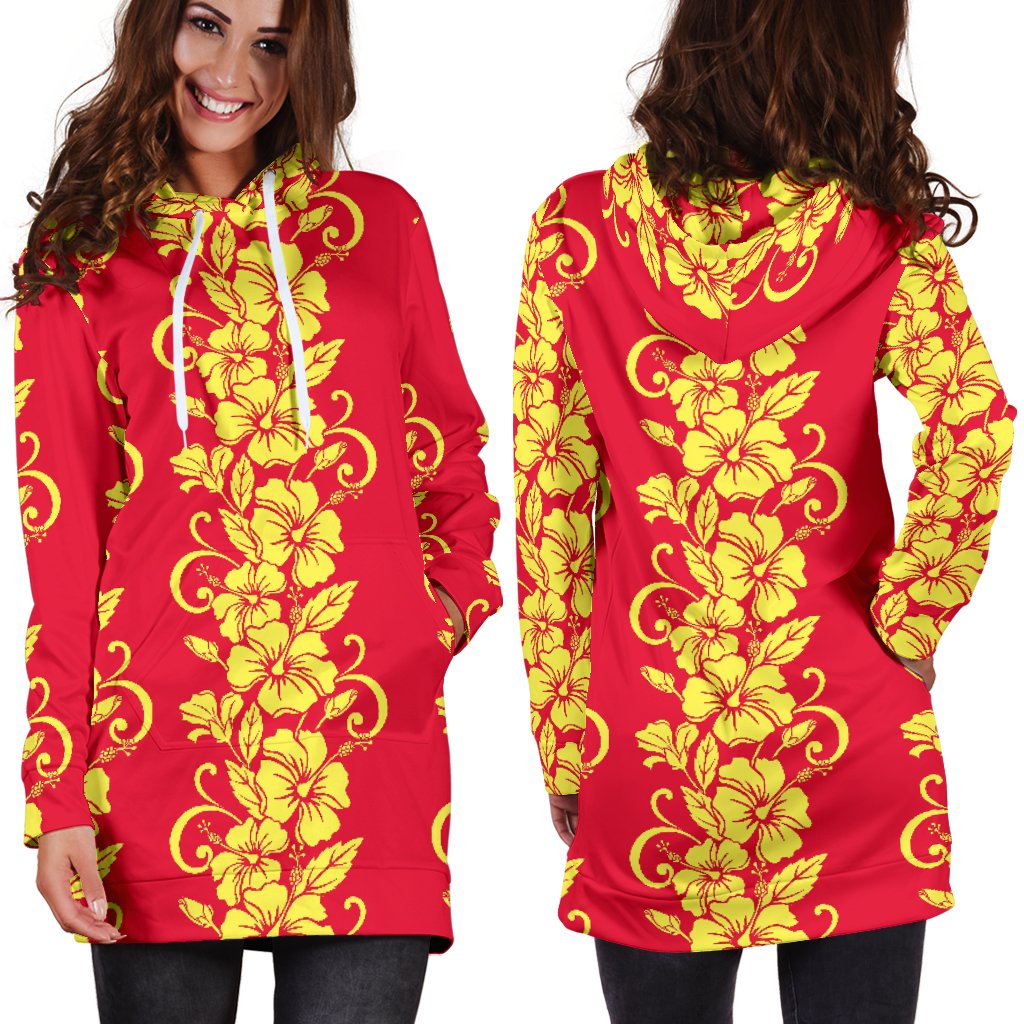 Orange Hibiscus Pattern Print Design HB018 Women Hoodie Dress