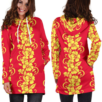 Orange Hibiscus Pattern Print Design HB018 Women Hoodie Dress