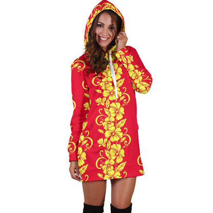 Orange Hibiscus Pattern Print Design HB018 Women Hoodie Dress