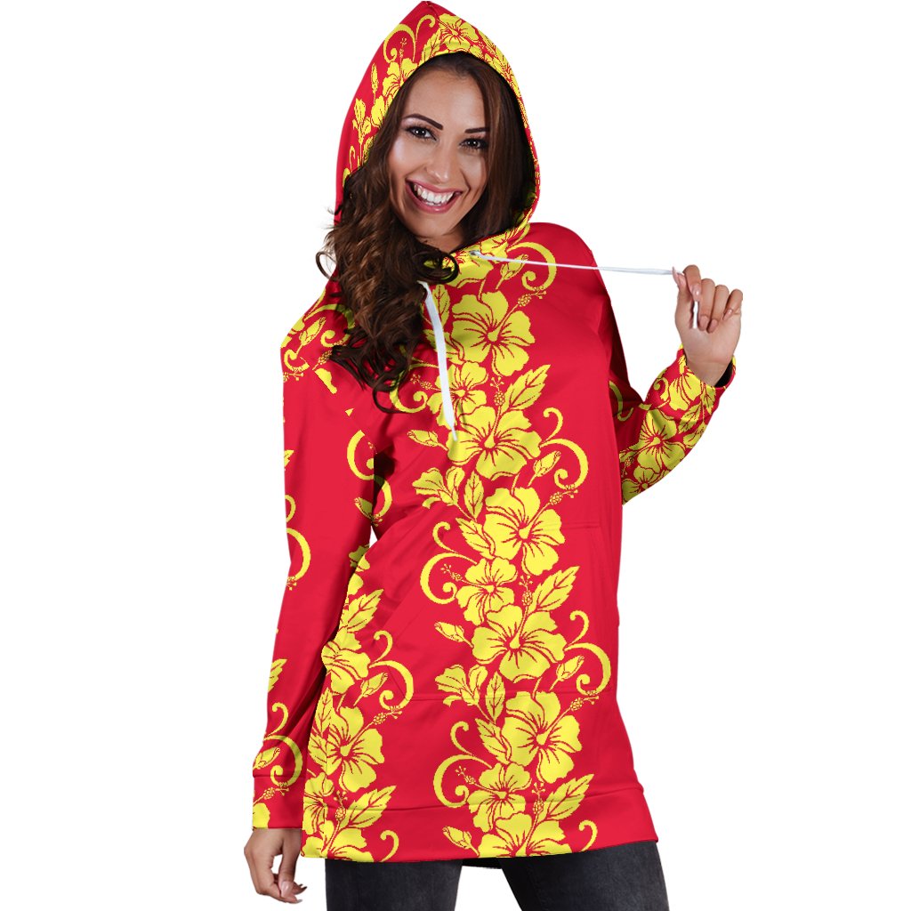 Orange Hibiscus Pattern Print Design HB018 Women Hoodie Dress