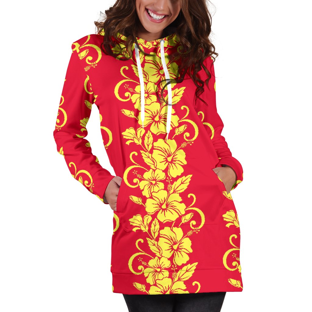 Orange Hibiscus Pattern Print Design HB018 Women Hoodie Dress