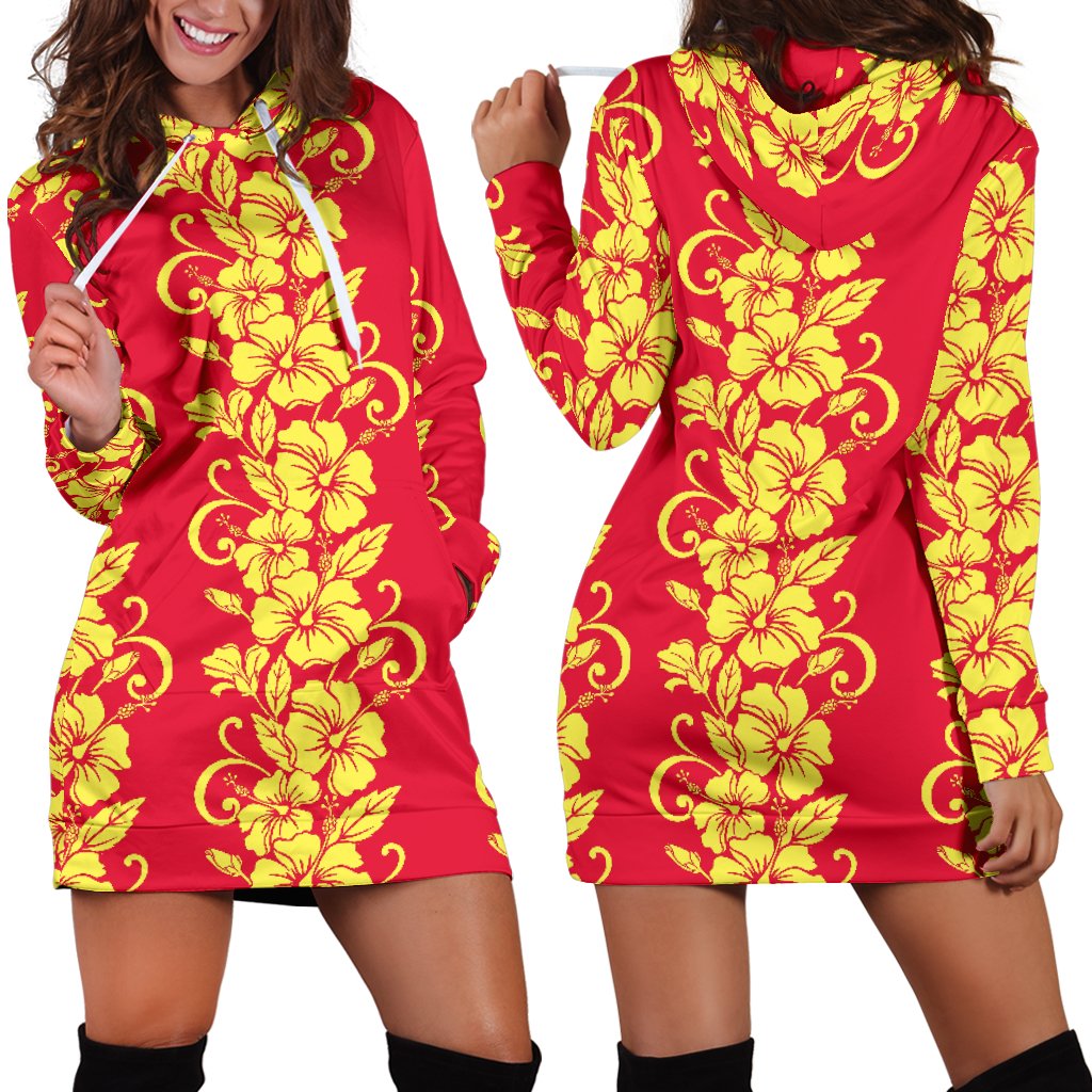 Orange Hibiscus Pattern Print Design HB018 Women Hoodie Dress