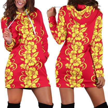 Orange Hibiscus Pattern Print Design HB018 Women Hoodie Dress