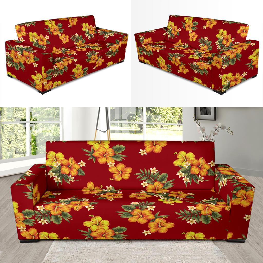 Orange Hibiscus Pattern Print Design HB026 Sofa Slipcover-JORJUNE.COM