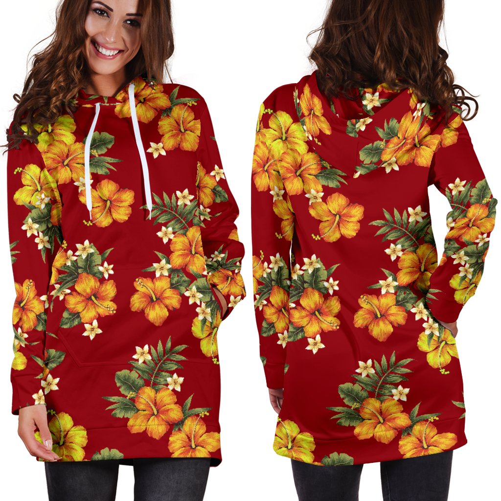 Orange Hibiscus Pattern Print Design HB026 Women Hoodie Dress