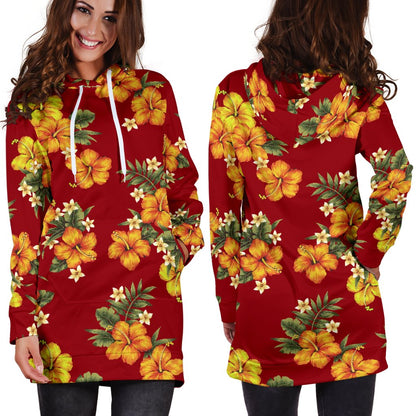 Orange Hibiscus Pattern Print Design HB026 Women Hoodie Dress
